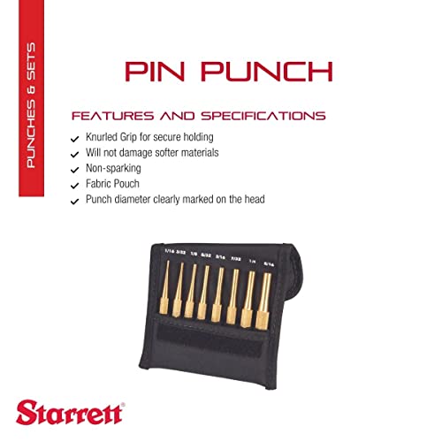 Starrett Brass Drive Pin Punch Set, 4" Length, 1/16"-5/16" Dia, 8 Pieces | With Knurled Grip in Protective Fabric Pouch, Non-Sparking