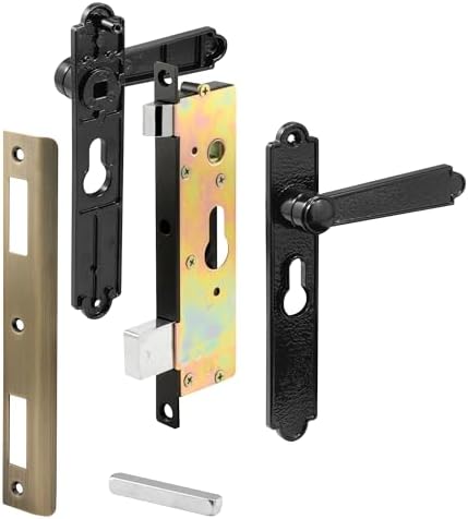 Prime-Line K 5092 Steel and Diecast Security Door Keyed-Locking Mortise Handle Set for Security Screen Doors, 6-3/4 Inch Mounting Hole Centers, Black, Set of 1