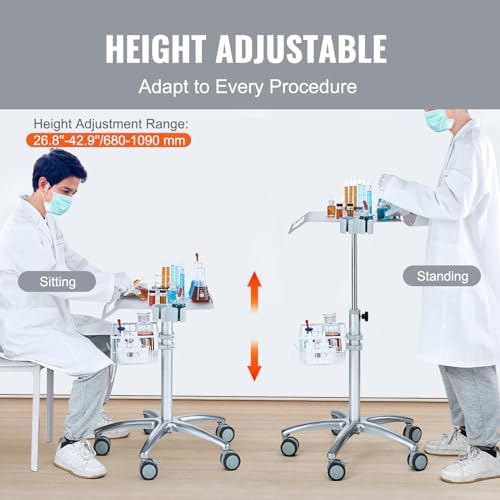 VEVOR Medical Trolley with Wheels - Height Adjustable Gas Lift, Large Tabletop 19"×17", Stainless Steel Rolling Laptop Cart with Storage Basket