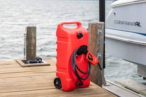 Scepter Duramax Flo ’N Go 14 Gallon Gas Caddy, 53 Liter Fuel Tank, Red | Updated Version, Portable Fuel Transfer Pump with 10-Foot Hose for Lawn Mower, Farm, Marine, Commercial, and Home Use