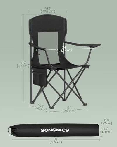 SONGMICS Camping Chair, Folding Oversized Chair, Comfortable and Heavy-Duty, 352 lb Weight Capacity, Adjustable Armrests with Cooler Bag, Storage Bag, Breathable Mesh, Bijou Blue UGCB060Q01