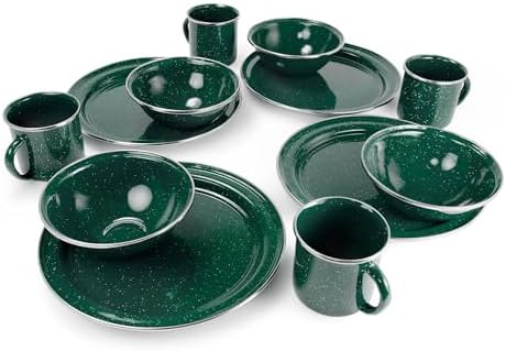 GSI Outdoors Pioneer Enamel 12 Pieces (4-Person) Dish Set I Enamelware Dishes Including Plates, Bowls and Mugs for Camping, Outdoors, RV, Camp, Blue