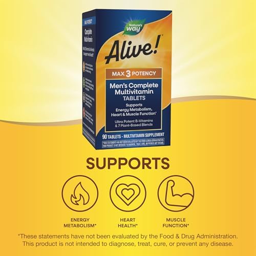 Nature's Way Alive! Men’s Max3 Potency Daily Multivitamin, 90 Tablets | High Potency Multivitamin for Men with B-Vitamins for Cellular Energy*, Supports Heart, Muscle and Eye Health*
