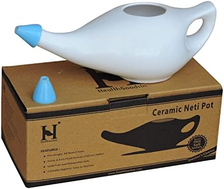 Ceramic Neti Pot Premium Handcrafted, Nose Cleaner for Sinus Dishwasher Safe with 2 Silicone Nozzle Tip, 225 Ml Capacity - White Color