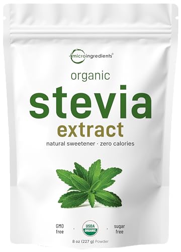 Micro Ingredients Pure Organic Stevia Powder, 8 Ounces, 1418 Serving, Highest Grade Green Leaf Extract Reb-A, Reduced Bitter Aftertaste, 0 Calorie, Natural Sweetener, Sugar Alternative, Keto Friendly