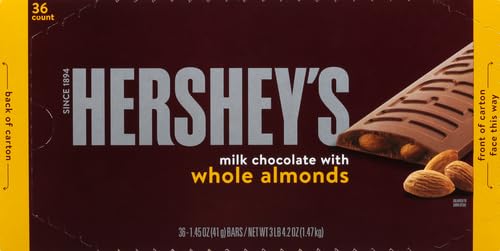 HERSHEY'S Milk Chocolate with Whole Almonds Candy Bars, 1.45 oz (36 Count) | Hershey Chocolate Bars with Whole Almonds, Kosher and Gluten Free, Individually Wrapped Candy for S'mores and Sharing, 36 ct