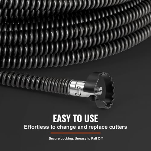 VEVOR Drain Cleaning Cable 100 FT x 5/8 Inch, Professional Sectional Drain Cleaner Cable with 7 Cutters for 0.8" to 3.9" Pipes for Hollow Core Sewer Cleaner Auger Sink, Toilet