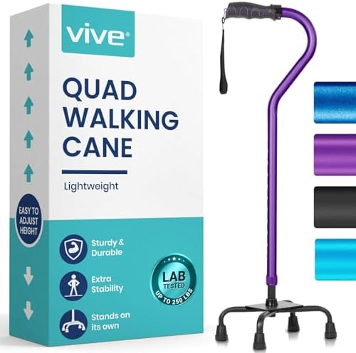 Vive Quad Cane - Walking Stick for Men and Women - Lightweight Adjustable Staff - Comfortable Right and Left Hand Grip for Stability Support - Four Prong Sturdy Aluminum Travel Aid - 4 Tip Blue | Senior 4 Prong Walking Stick for Stability & Balance- Righ…