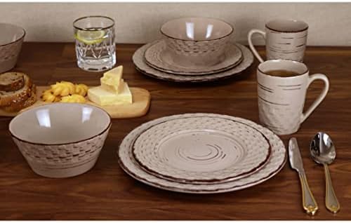 Lorren Home Trends Distressed Weave Dinnerware Set, Buttercup, 16 Piece | Service for 4