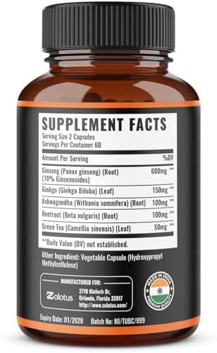 Zolotus Korean Red Panax Ginseng + Ginkgo Biloba, Ashwagandha, Beetroot, Green Tea - 120 Capsules for 2 Month Supply