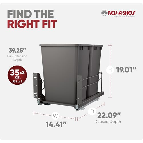 Rev-A-Shelf Double Pullout Trash Can w/Soft-Close Slides, 14.5" Min Opening | Large Capacity Garbage/ Recycling Waste Bins for Under Kitchen Cabinets, Heavy Gauge Wire Construction, 53WC-1835SCDM-217