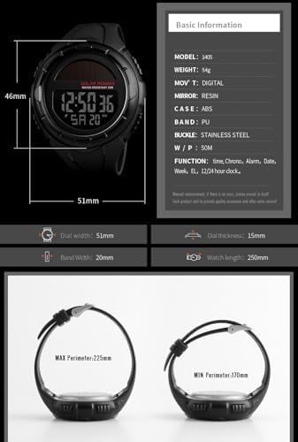 Gosasa Men's Outdoor Sports Multifunction Solar Power LED Digital Watches 50M Water Resistant (Black)
