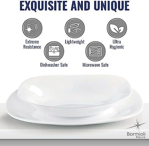 Bormioli Rocco Parma Set Of 6 Pasta Bowls And Soup Plates, 8.75 Inch Tempered Opal Glass, Clean White, Linear & Curved Design, Dishwasher Safe