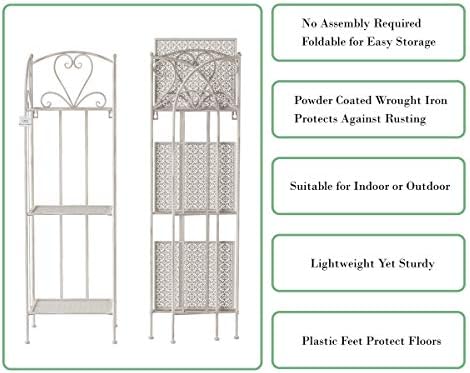 Plant Stand 3-Tier Vertical Shelf Indoor or Outdoor Folding Wrought Iron Home Garden Display with Laser Cut Shelves by Pure Garden (Antique White)