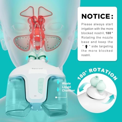 Nascool Electric Nasal Irrigation System Sinus Rinse Nose Cleaner for Adult | Comes with 50 saline packets, 2 Pairs of Nozzles