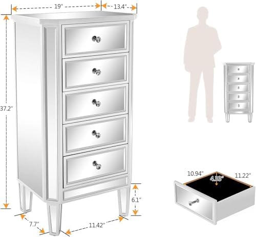 VINGLI Mirrored Dresser 5 Drawers Modern Chest, Mirrored Chest of Drawers, Glass Dresser for Living Room, Silver