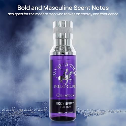 Beverly Hills Polo Club Body Spray for Men - BHPC Blaze - Fresh, Earthy with Notes of Cedar & Basil - Long Lasting Body Mist Cologne Scent - Ideal Gift for Him, 6oz
