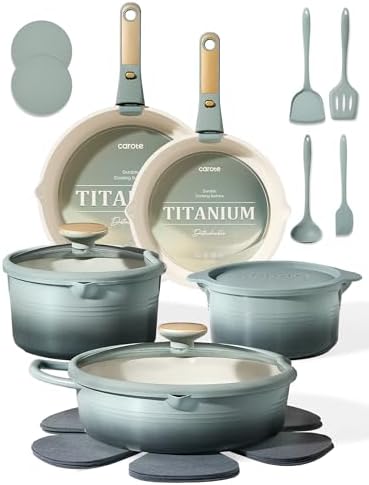 CAROTE 20pcs Titanium Cookware Set, Pots and Pans Set Detachable Handle | Non-Stick, Non-Toxic, PFAS and PFOA Free, Induction Compatible