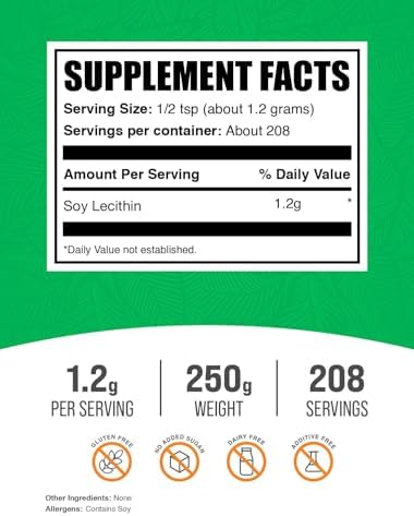 BulkSupplements.com Soy Lecithin Powder - Lecithin Supplement, Nutritional Supplement, Food Grade - Gluten Free, 1.2g per Serving, 250g (8.8 oz) (Pack of 1)