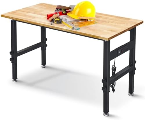 60in Adjustable Height Workbench Desk with Drawers,Power Outlets, Rubber Wood Top Heavy-Duty Work Table, 2000 LBS Load Capacity Work Station for Garage, Workshop, Office, Home