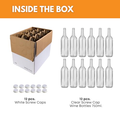 750ml Clear Glass Bottles with Lids, W5 Bordeaux 12-Pack, White Screw Caps | 12 flint flat-bottomed Glass Wine Bottles for home winemaking