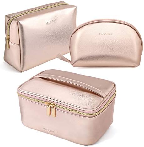 MAANGE 3 Pcs Makeup Bag Portable Travel Cosmetic Bag Large Makeup Bag Organizer with Gold Zipper Waterproof Toiletry Bags for Women and Girls(Rose