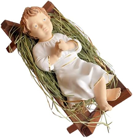 4 Inch Baby Jesus in Manger Figurine, Small Baby Jesus Manger Crib for Nativity Set on Natural Hay, Handcrafted Holy Gift Made in Poland