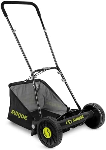 Sun Joe Manual Push Reel Lawn Mower with 6.6-Gal Grass Catcher, 16-Inch Cutting Width - Heavy-Duty Yard Trimmer Machine for Gardening Care and Maintenance, MJ500M