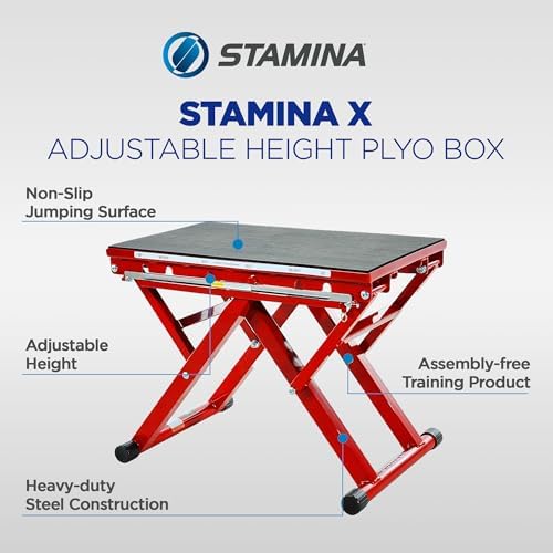 Stamina X 12" to 24" Adjustable Height Plyo Step Up Exercise Box For Home Workout with Access to Muuv, Non-Slip Surface and Workout Guide, Black/Red