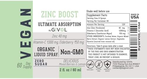 Zinc Active Mist Liquid Spray, Sugar-Free, Made in USA, 2 FL oz/60 ml
