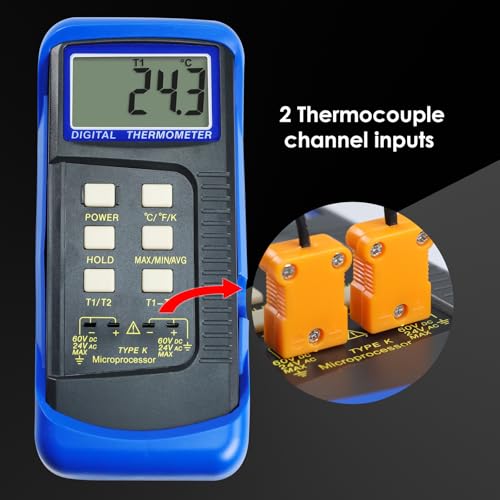Thermocouple Thermometer Digital K Type Dual Channel Thermometer HVAC Temperature Meter with 4 Thermocouples, MAX/MIN/AVG Temperature Measurement