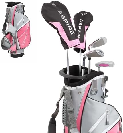Aspire Junior Plus - Kids Complete Golf Club Set | Aircraft-Grade Aluminum, 15% Larger Clubhead, 7 Iron & Pitching Wedge, Progressive Flex Shafts, Rain Hood, 2 Headcovers