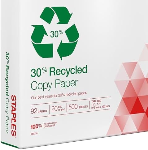 Staples 30% Recycled 8.5-Inch X 11-Inch Copy Paper 20 Lbs 92 Brightness 500/Ream, For Office, School & Home