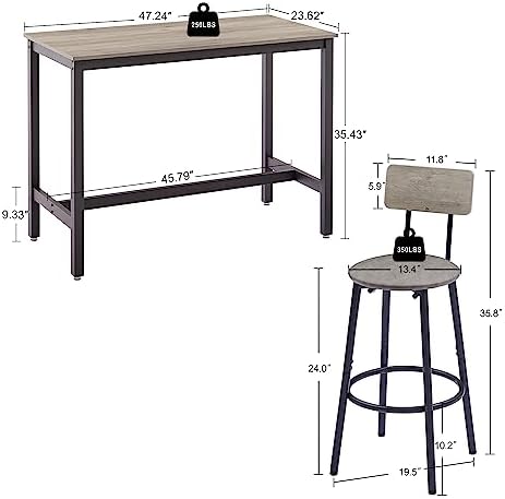 Bar Table Set with 4 Bar stools PU Soft seat with backrest, Grey, 47.24'' L x 23.62'' W x 35.43'' H