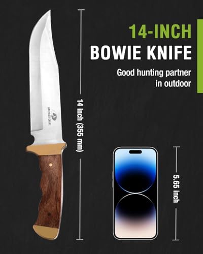 Mossy Oak 14-inch Bowie Knife, Wood Handle, Hunting Knife | Full-tang Fixed Blade, Leather Sheath, Hunting Knives for Camping, Hiking, Survival