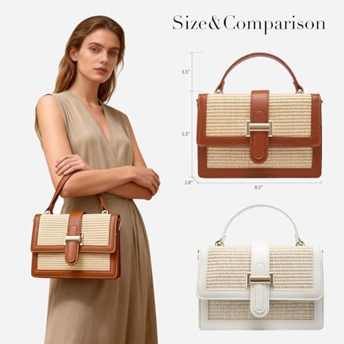 Straw Crossbody Bag, Vegan Leather Patchwork Summer Purse with Top Handle, Small Woven Bag for Beach & Wedding
