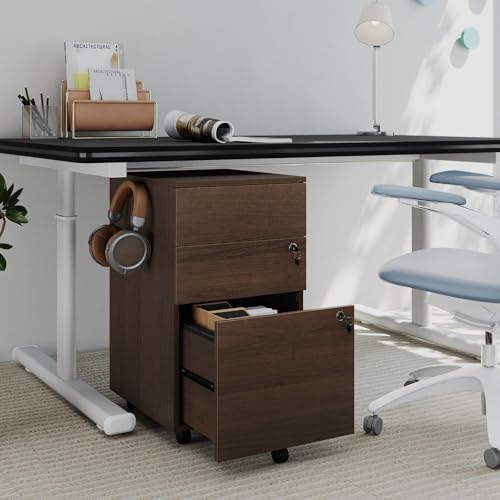Mobile File Cabinet with 3 Drawers, Wooden Rolling Filing Cabinet with Lock, Under Desk File Organizer for A4/Letter/Legal Size, for Home Office, Study (White)