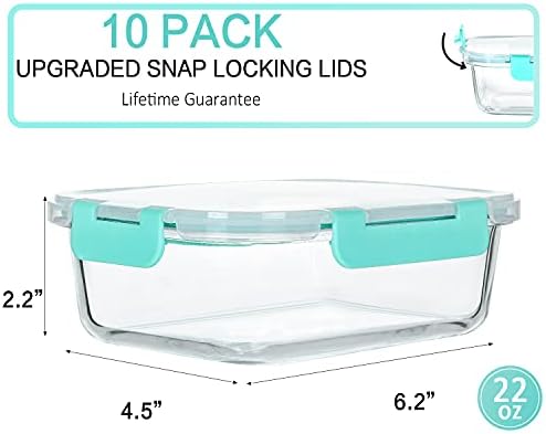 M MCIRCO 10 Pack,22 oz Glass Food Storage Containers with lids, Gray | Glass Meal Prep Containers,Airtight Lunch Containers with Lids, Microwave, Oven, Freezer and Dishwasher Friendly, BPA Free