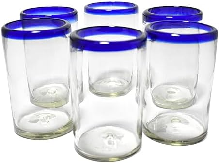 MAREY Hand Blown Drinking Glasses Artisan Crafted from Mexico Set of 6 pieces (Cobalt Blue Rim, Water 16 Oz.)
