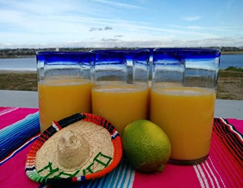 Dos Sueños Hand Blown Mexican Drinking Glasses - Set of 6 Glasses with Cobalt Blue Rims (14 oz each)