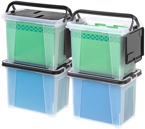 IRIS USA 4-Pack File Box Organizer with Wing Lid Letter/Legal 18 Qt, Clear | Organize letter and legal files, documents and paperwork with a wing lid for quick access and secure storage