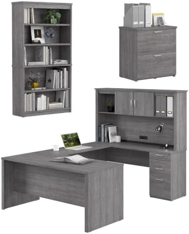 Bestar U or L Shaped with Hutch and File Cabinet, Bark Grey, Logan, 66W