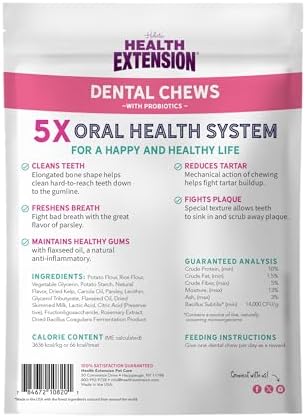 Health Extension Probiotic Dental Bones for Dogs, 14 Small Bones, Cleans Teeth, Healthy Gums, Freshens Breath, Training or Reward, 6 oz Bag (Pack of 1)