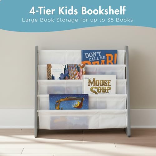 Humble Crew Kids Bookshelf, Montessori Front Facing Toddler Bookcase 4 Tier | Book display rack and reading nook organizer, nylon pockets show covers face out, compact for any playroom or bedroom space