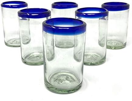 Hand Blown Mexican Drinking Glasses - Set of 6 Juice Glasses with Cobalt Blue Rims (8 oz each)