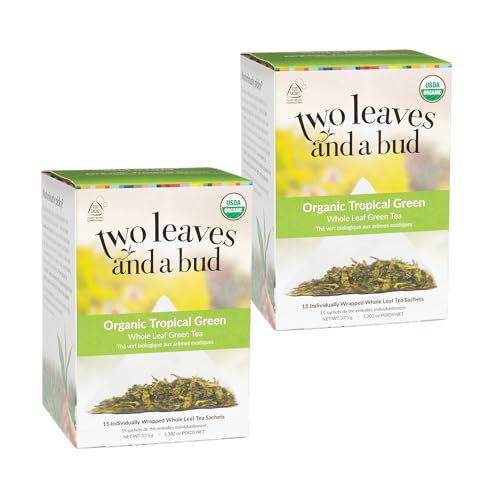 Two Leaves and a Bud Organic Tropical Green Tea, 15 Count (Pack of 1) | Whole Leaf Green Tea in Pyramid Sachets, Sencha Green Tea