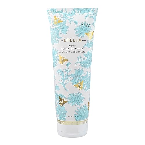 LOLLIA Wish Shower Gel, 8 fl oz, Vanilla Bean, Rice Flower, Jasmine Leaves, & Sugar Cane, Luxury Shea Moisture Hydrating Women's Body Wash, Delicate & Relaxing Scented Bath Soap for Self Care