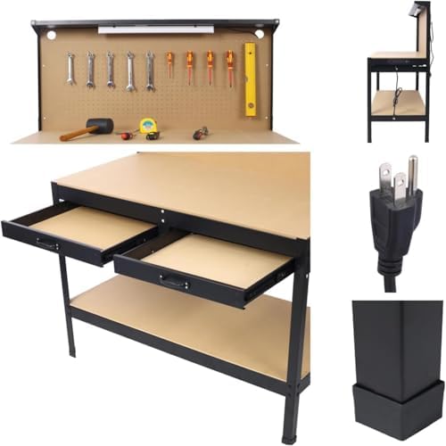 Heavy-Duty Steel Workbench with LED Light, 59'' Tool Storage Bench with Power Outlets & USB Ports, 200 lbs Capacity