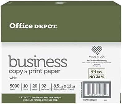 Office Depot Business Multi-Use Printer & Copy Paper, 10 Reams, White, Letter (8.5" x 11"), 5000 Sheets Per Case, 20 Lb, 92 Brightness, 1 Case