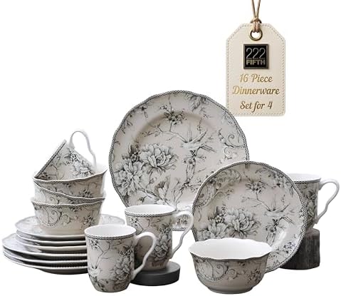 222 Fifth Adelaide 16-Piece Black Porcelain Dinnerware Set – Service for 4, Featuring Hand-Applied Romantic Woodland Bird Design